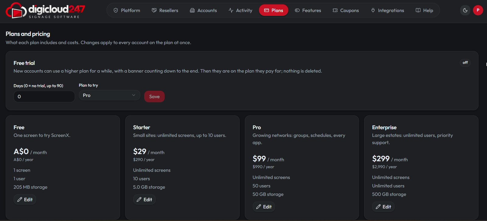 Plans and pricing in the admin console