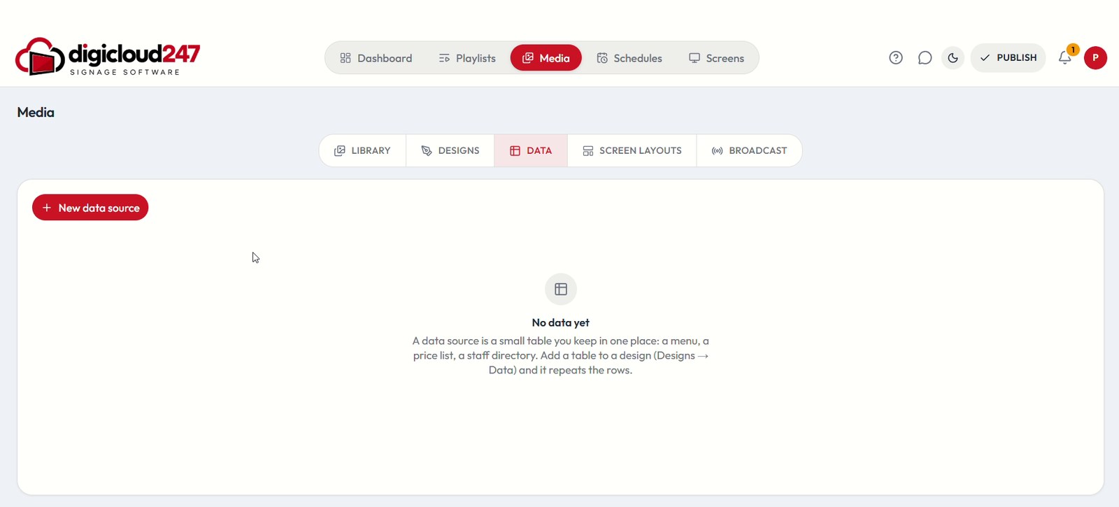 Data sources tab with a New data source button